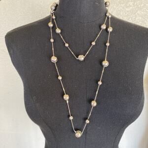 Coldwater Creek Necklace Silver Tone w/Rhinestone Accented Metal Balls. 48”